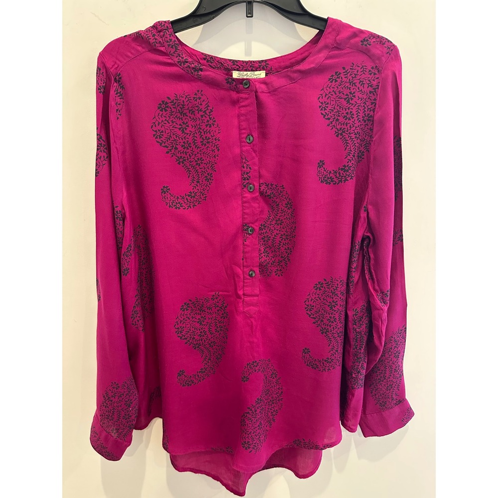 Lucky Brand Women Magenta Pink Paisley Print Button Front Rayon Blouse Large